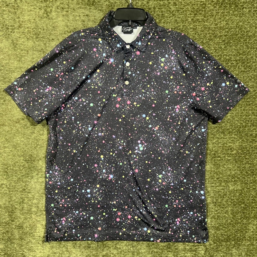 Sunday Swagger Polo Shirt Mens Large Black Galaxy Splatter Print Performance L